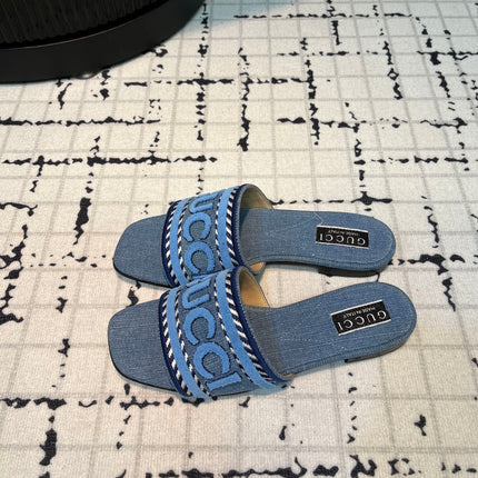 GG SLIDE SANDAL WITH GUCCI SCRIPT TEAL DENIM