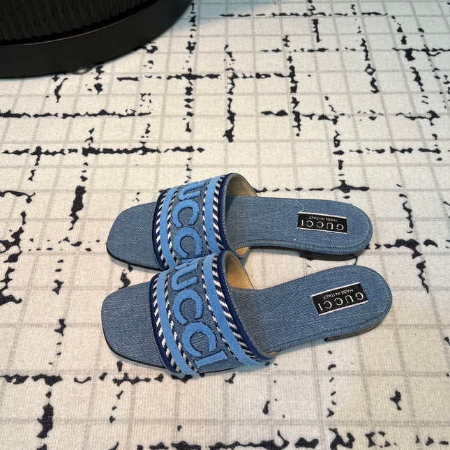 GG SLIDE SANDAL WITH GUCCI SCRIPT TEAL DENIM