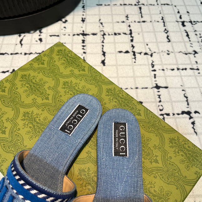 GG SLIDE SANDAL WITH GUCCI SCRIPT STONE DENIM