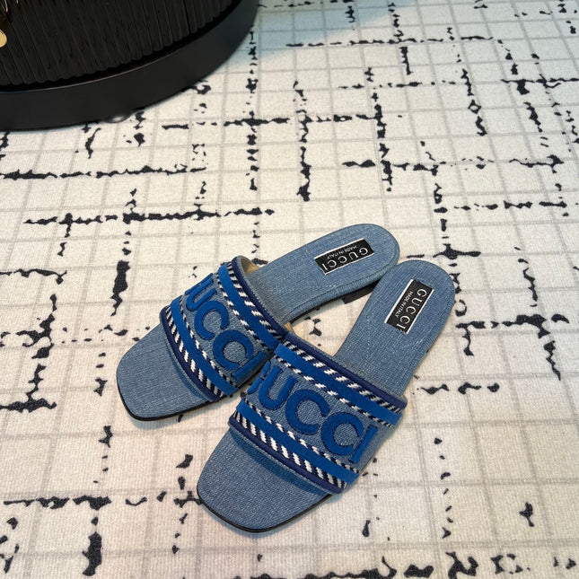 GG SLIDE SANDAL WITH GUCCI SCRIPT STONE DENIM
