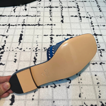 GG SLIDE SANDAL WITH GUCCI SCRIPT STONE DENIM