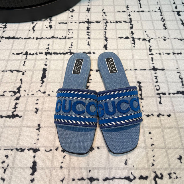 GG SLIDE SANDAL WITH GUCCI SCRIPT STONE DENIM