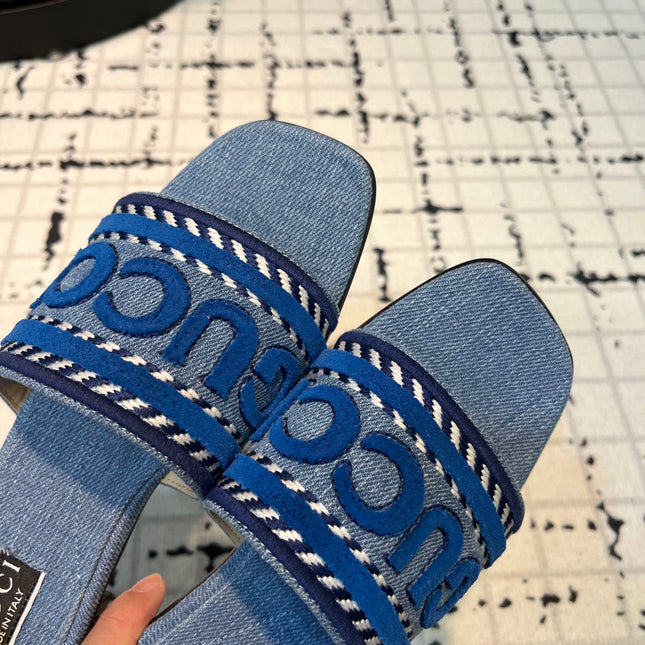 GG SLIDE SANDAL WITH GUCCI SCRIPT STONE DENIM