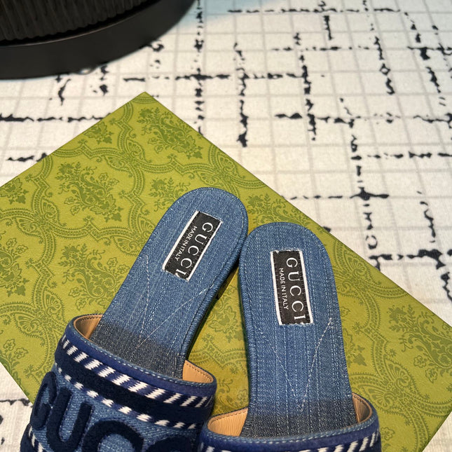 GG SLIDE SANDAL WITH GUCCI SCRIPT AEGEAN DENIM