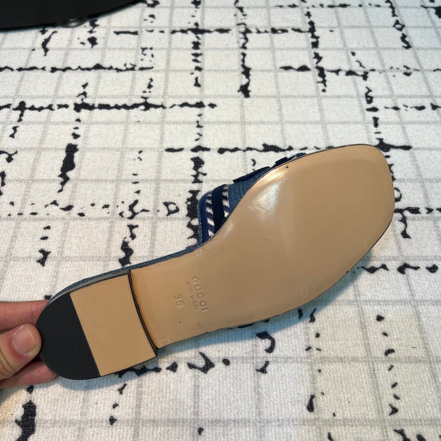 GG SLIDE SANDAL WITH GUCCI SCRIPT AEGEAN DENIM