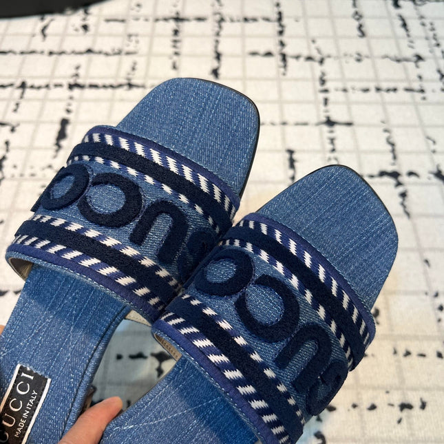 GG SLIDE SANDAL WITH GUCCI SCRIPT AEGEAN DENIM