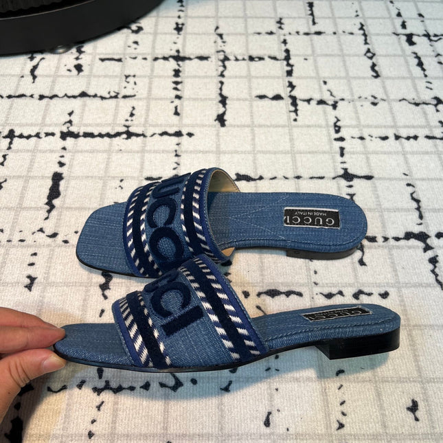 GG SLIDE SANDAL WITH GUCCI SCRIPT AEGEAN DENIM