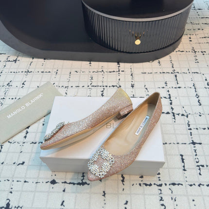 Hangisi 20 Ballet Flat Beige Glitter Fabric Leather Jewel Buckle 912605