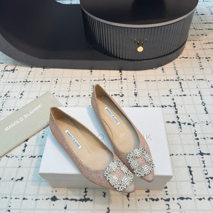 Hangisi 20 Ballet Flat Beige Glitter Fabric Leather Jewel Buckle 912605