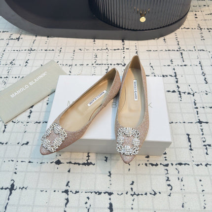 Hangisi 20 Ballet Flat Beige Glitter Fabric Leather Jewel Buckle 912605