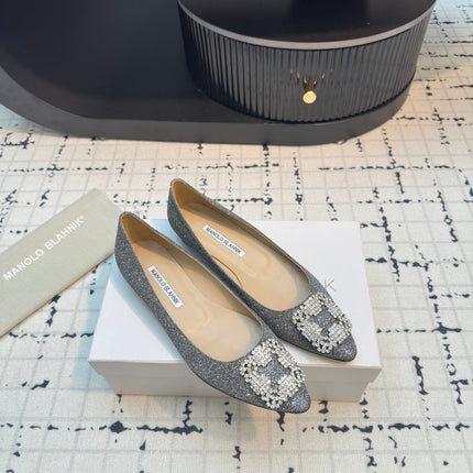 Hangisi 20 Ballet Flat Silver Glitter Fabric Leather Jewel Buckle 912607