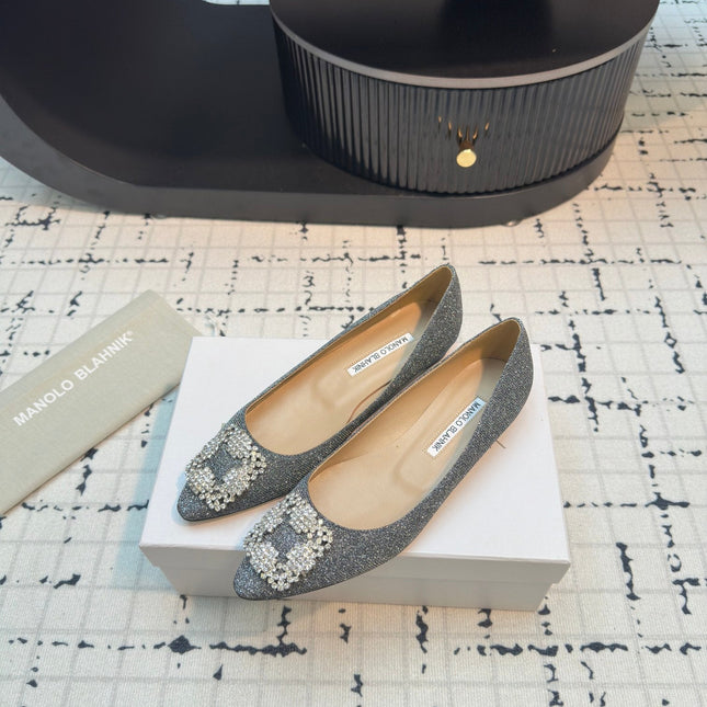 Hangisi 20 Ballet Flat Silver Glitter Fabric Leather Jewel Buckle 912607