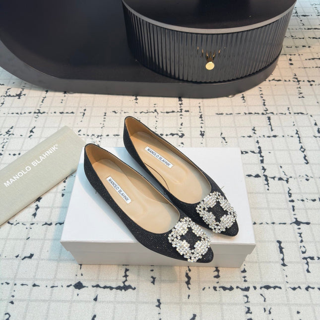 Hangisi 20 Ballet Flat Black Glitter Fabric Leather Jewel Buckle 912608