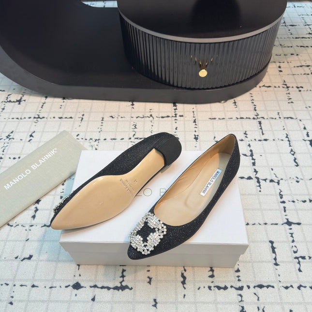 Hangisi 20 Ballet Flat Black Glitter Fabric Leather Jewel Buckle 912608