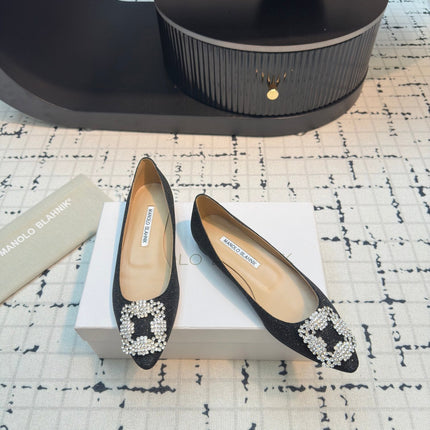 Hangisi 20 Ballet Flat Black Glitter Fabric Leather Jewel Buckle 912608