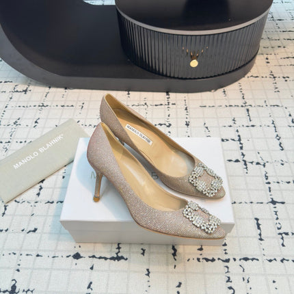 Hangisi 70 Beige Glitter Fabric Leather Jewel Buckle Pumps 912611