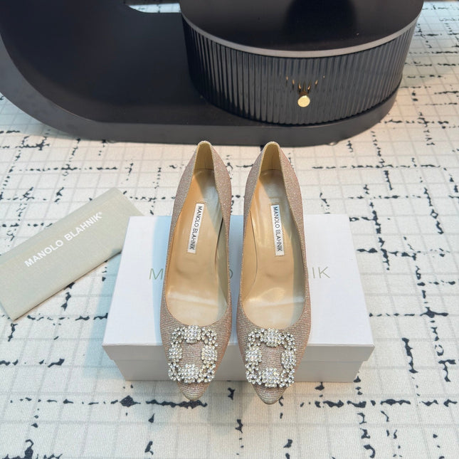 Hangisi 70 Beige Glitter Fabric Leather Jewel Buckle Pumps 912611