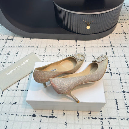 Hangisi 70 Beige Glitter Fabric Leather Jewel Buckle Pumps 912611