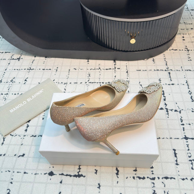 Hangisi 70 Beige Glitter Fabric Leather Jewel Buckle Pumps 912611