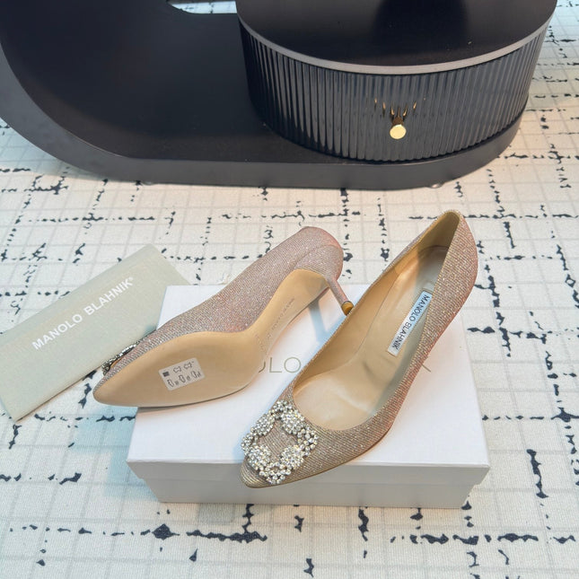 Hangisi 70 Beige Glitter Fabric Leather Jewel Buckle Pumps 912611