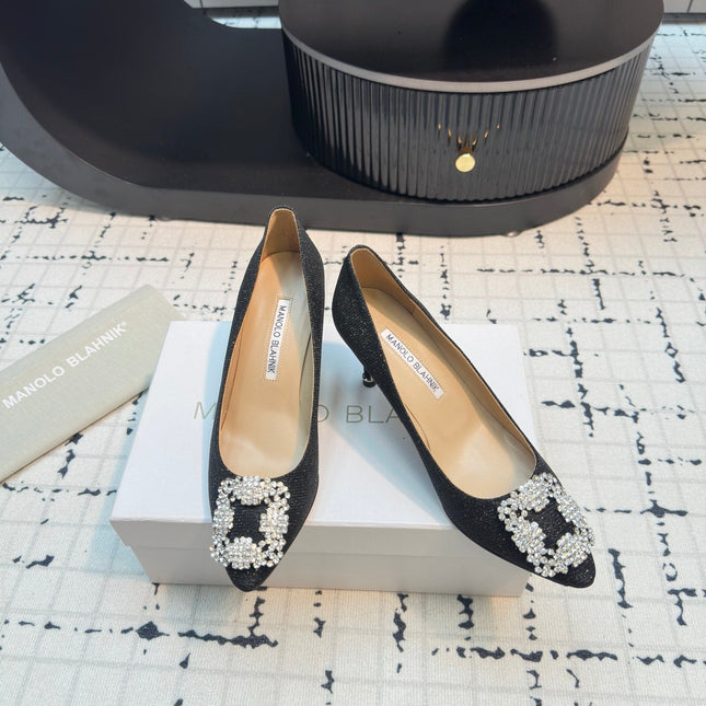 Hangisi 70 Black Glitter Fabric Leather Jewel Buckle Pumps 912612