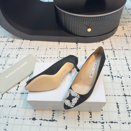 Hangisi 70 Black Glitter Fabric Leather Jewel Buckle Pumps 912612