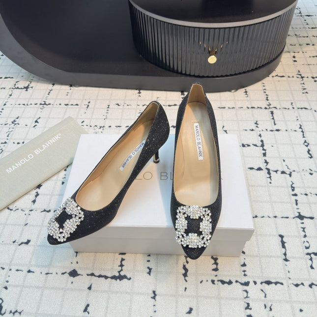 Hangisi 70 Black Glitter Fabric Leather Jewel Buckle Pumps 912612