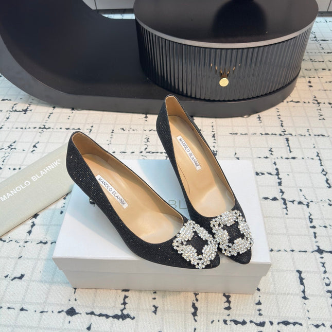 Hangisi 70 Black Glitter Fabric Leather Jewel Buckle Pumps 912612