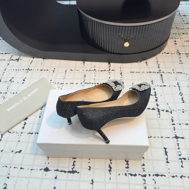 Hangisi 70 Black Glitter Fabric Leather Jewel Buckle Pumps 912612