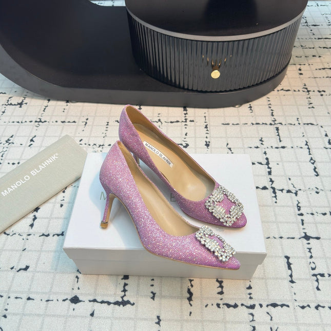 Hangisi 70 Pink Glitter Fabric Leather Jewel Buckle Pumps 912613