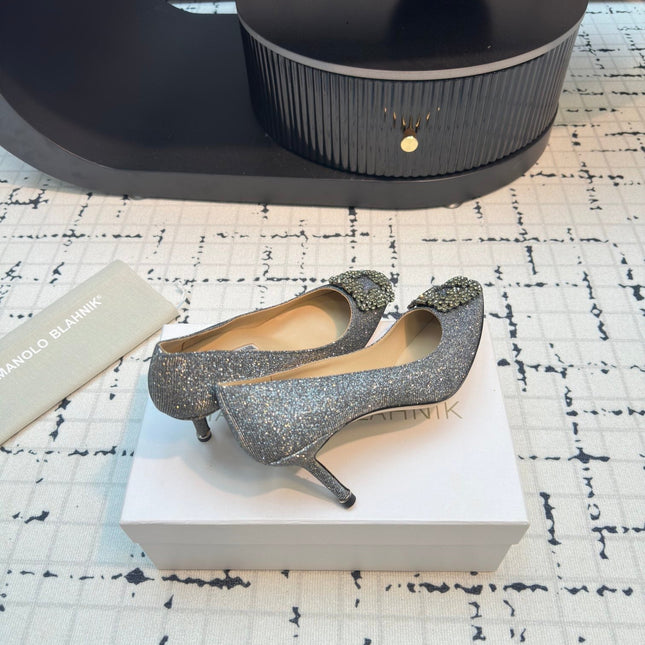 Hangisi 70 Silver Glitter Fabric Leather Jewel Buckle Pumps 912614