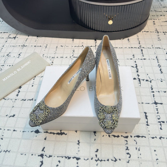 Hangisi 70 Silver Glitter Fabric Leather Jewel Buckle Pumps 912614
