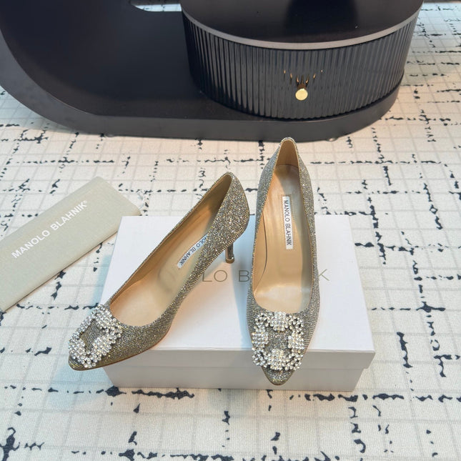 Hangisi 70 Gold Glitter Fabric Leather Jewel Buckle Pumps 912614