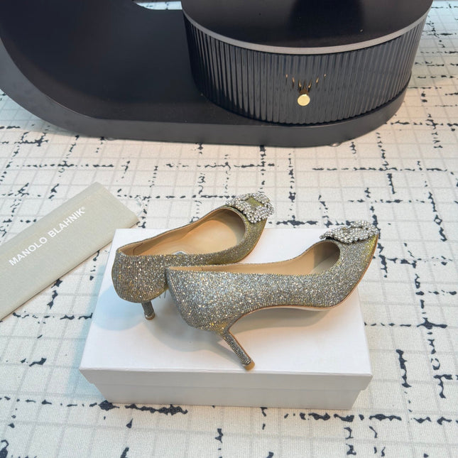 Hangisi 70 Gold Glitter Fabric Leather Jewel Buckle Pumps 912614