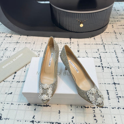 Hangisi 70 Gold Glitter Fabric Leather Jewel Buckle Pumps 912614