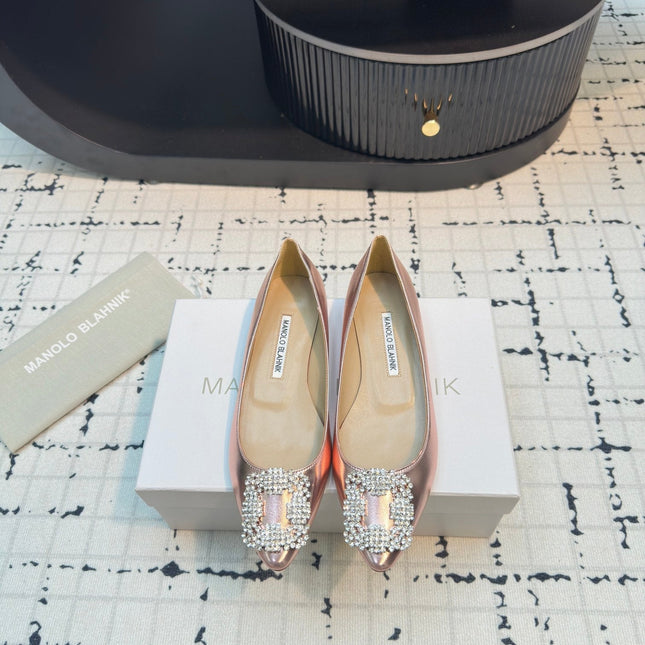 Hangisi 10mm Ballet Flat Rose Gold Metallic Leather Jewel Buckle 912617