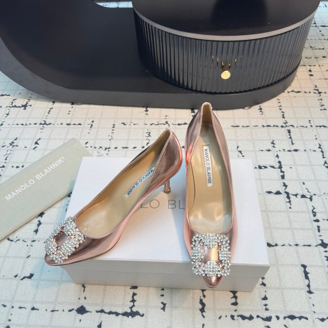 Hangisi 70 Rose Gold Metallic Leather Jewel Buckle Pumps 912618