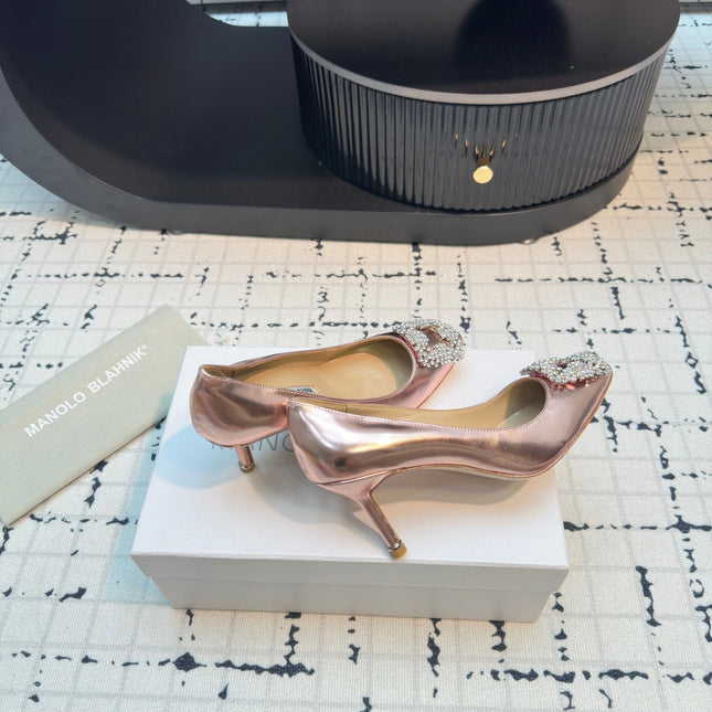 Hangisi 70 Rose Gold Metallic Leather Jewel Buckle Pumps 912618
