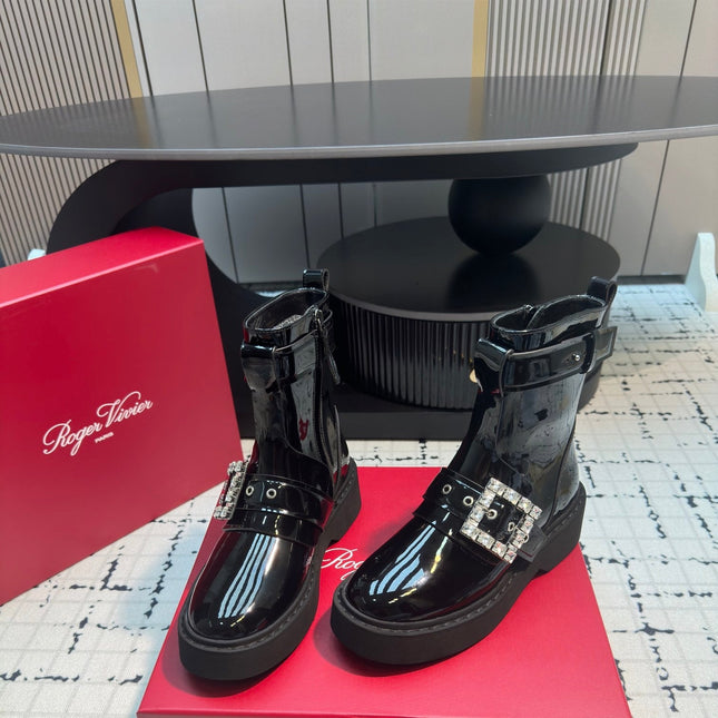 VIV' RANGERS BIKER BOOTIES IN BLACK PATENT CALFSKIN WITH METAL BUCKLE