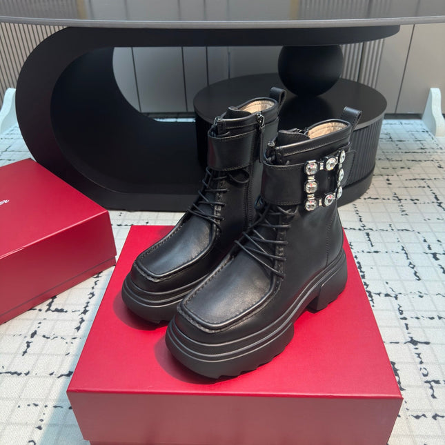 VIV' RANGERS ANKLE BOOTS IN BLACK CALFSKIN STRASS BUCKLE