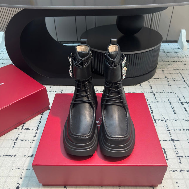 VIV' RANGERS ANKLE BOOTS IN BLACK CALFSKIN STRASS BUCKLE