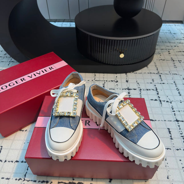 VIV' GO-THICK STRASS BUCKLE SLIP-ON SNEAKERS IN BLUE DENIM