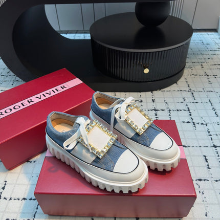 VIV' GO-THICK STRASS BUCKLE SLIP-ON SNEAKERS IN BLUE DENIM