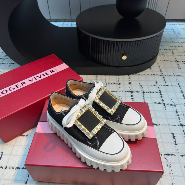 VIV' GO-THICK STRASS BUCKLE SLIP-ON SNEAKERS IN BLACK CANVAS