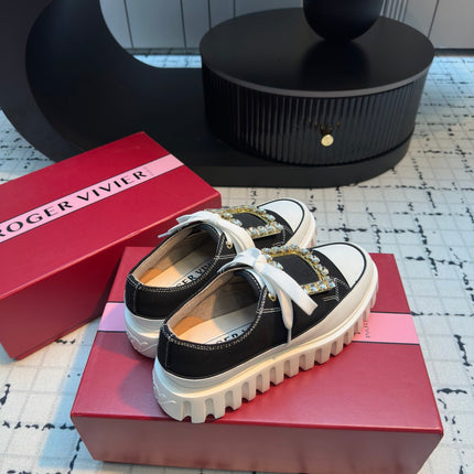 VIV' GO-THICK STRASS BUCKLE SLIP-ON SNEAKERS IN BLACK CANVAS