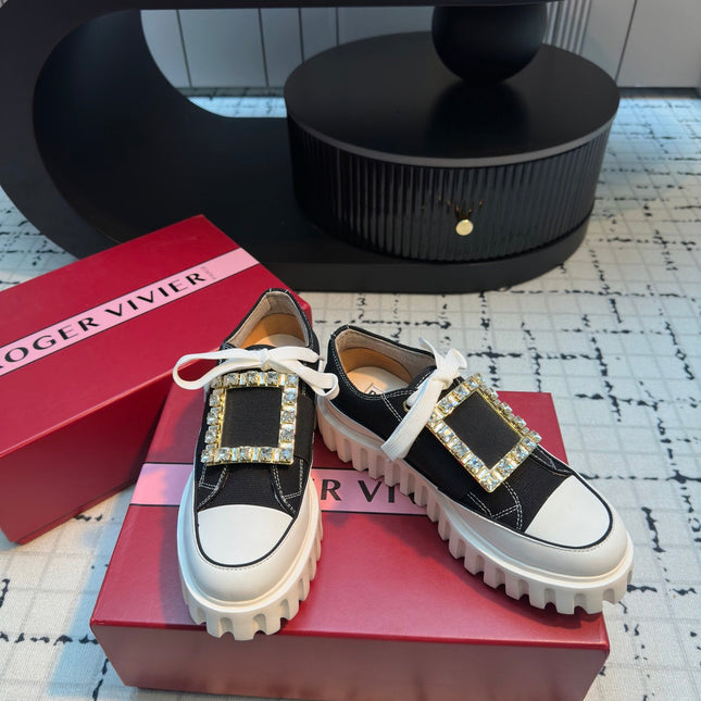 VIV' GO-THICK STRASS BUCKLE SLIP-ON SNEAKERS IN BLACK CANVAS