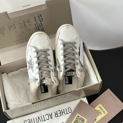 SUPER-STAR SABOTS IN WHITE CALFSKIN WITH GLITTER WHITE STAR