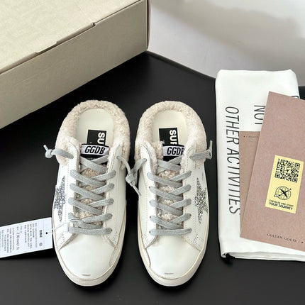 SUPER-STAR SABOTS IN WHITE CALFSKIN WITH GLITTER WHITE STAR