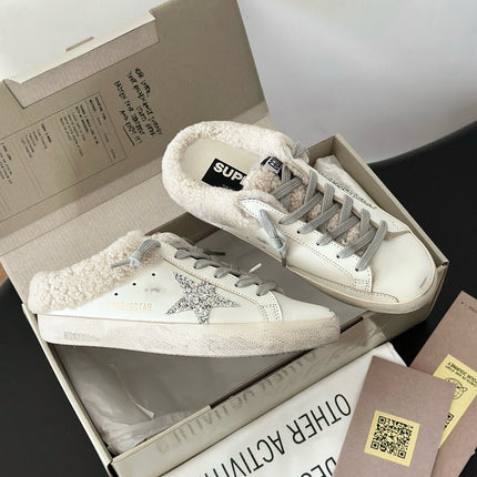 SUPER-STAR SABOTS IN WHITE CALFSKIN WITH GLITTER WHITE STAR