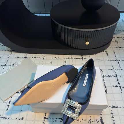 Hangisi 10mm Ballet Flat Dark Blue Linen with Black Leather Jewel Buckle 161059